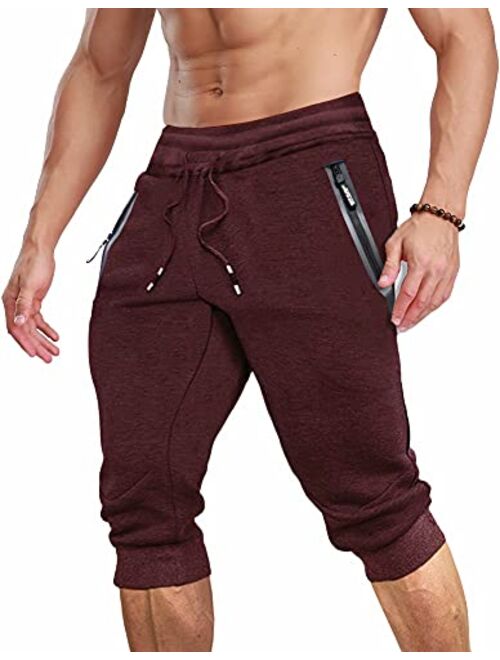 MAGCOMSEN Men's 3/4 Jogger Capri Pants with Zipper Pockets Knee Length Running Training Workout Shorts