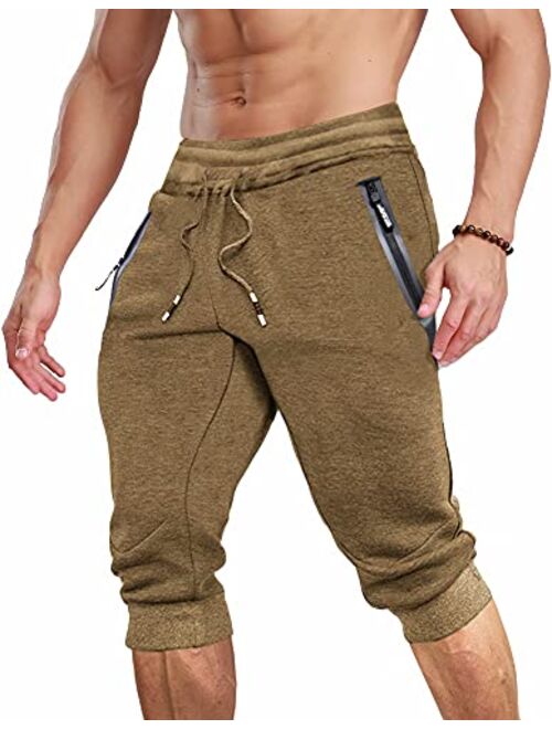 MAGCOMSEN Men's 3/4 Jogger Capri Pants with Zipper Pockets Knee Length Running Training Workout Shorts