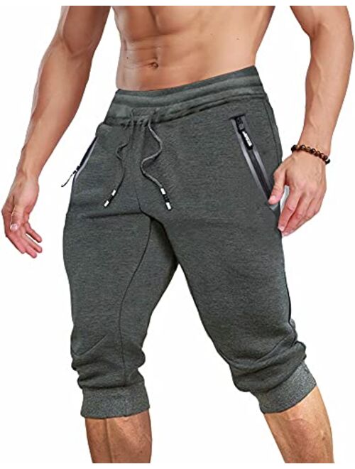 MAGCOMSEN Men's 3/4 Jogger Capri Pants with Zipper Pockets Knee Length Running Training Workout Shorts