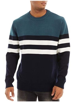 Men's Crewneck Sweater Soft Thermal Knitted Sweatshirt Color Block Striped