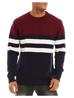 Men's Crewneck Sweater Soft Thermal Knitted Sweatshirt Color Block Striped