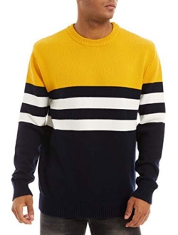 Men's Crewneck Sweater Soft Thermal Knitted Sweatshirt Color Block Striped