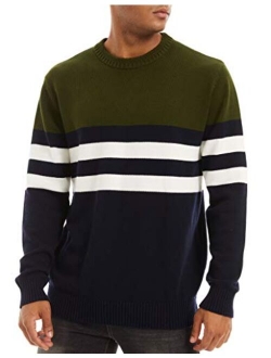 Men's Crewneck Sweater Soft Thermal Knitted Sweatshirt Color Block Striped