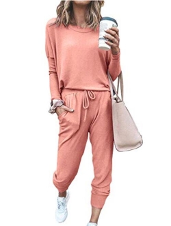 Womens Solid Color Two Piece Outfit Long Sleeve Crewneck Pullover Tops And Long Pants Sweatsuits Tracksuits