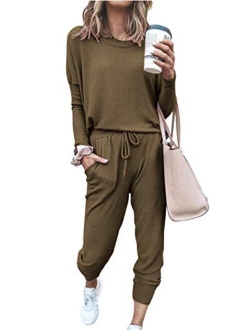 Womens Solid Color Two Piece Outfit Long Sleeve Crewneck Pullover Tops And Long Pants Sweatsuits Tracksuits