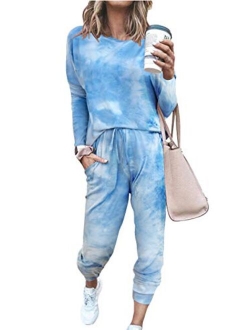 Womens Solid Color Two Piece Outfit Long Sleeve Crewneck Pullover Tops And Long Pants Sweatsuits Tracksuits