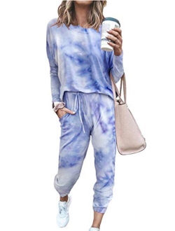 Womens Solid Color Two Piece Outfit Long Sleeve Crewneck Pullover Tops And Long Pants Sweatsuits Tracksuits