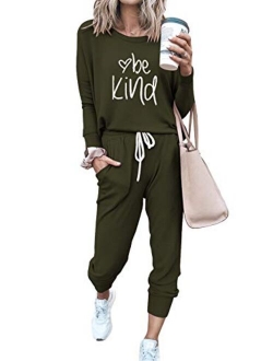 Womens Solid Color Two Piece Outfit Long Sleeve Crewneck Pullover Tops And Long Pants Sweatsuits Tracksuits