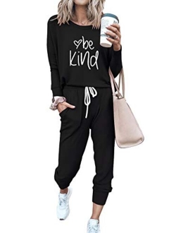 Womens Solid Color Two Piece Outfit Long Sleeve Crewneck Pullover Tops And Long Pants Sweatsuits Tracksuits