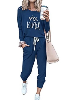 Womens Solid Color Two Piece Outfit Long Sleeve Crewneck Pullover Tops And Long Pants Sweatsuits Tracksuits