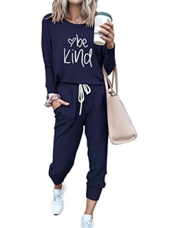 Womens Solid Color Two Piece Outfit Long Sleeve Crewneck Pullover Tops And Long Pants Sweatsuits Tracksuits