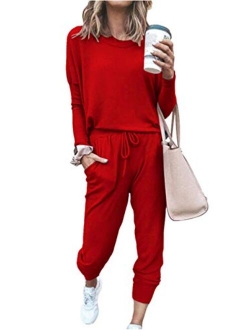 Womens Solid Color Two Piece Outfit Long Sleeve Crewneck Pullover Tops And Long Pants Sweatsuits Tracksuits