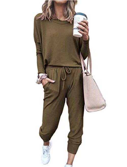 PRETTYGARDEN Women’s Solid Color Two Piece Outfit Long Sleeve Crewneck Pullover Tops And Long Pants Sweatsuits Tracksuits