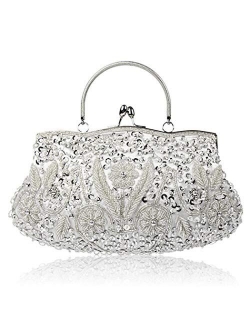 Vistatroy Floral Designer Evening Bag Beaded Sequin Design Vintage Kissing Lock Satin Clutch Purse Bag Wedding Party Clutch