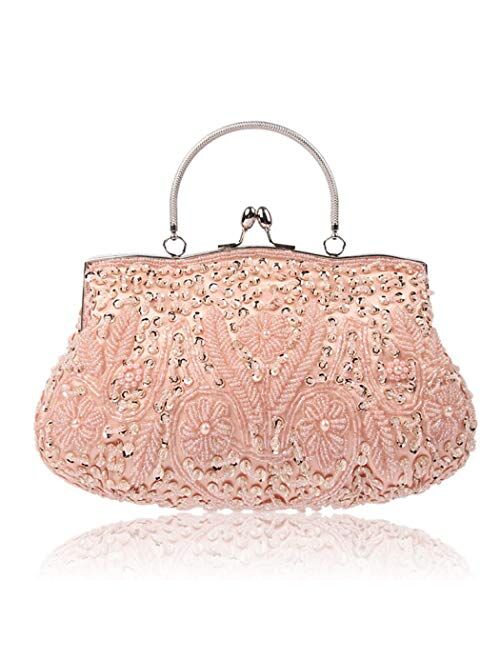 Vistatroy Floral Designer Evening Bag Beaded Sequin Design Vintage Kissing Lock Satin Clutch Purse Bag Wedding Party Clutch