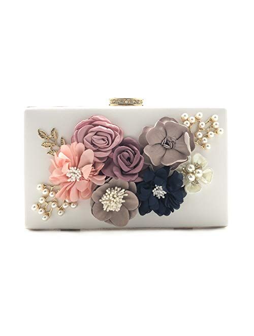 By Shirin | Women’s 3D Floral Clutch Purse Hand Bag | Handmade with Pearl | Bridal Wedding Daytime Evening Party