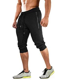 Men's 3/4 Joggers Capri Pants with Zipper Pockets Slim Fit Training Running Workout Capri Joggers