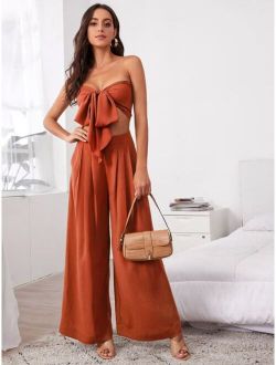 Tie Front Tube Top & Pleated Wide Leg Pants Set