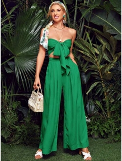 Tie Front Tube Top & Pleated Wide Leg Pants Set