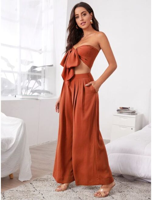 SHEIN Tie Front Tube Top & Pleated Wide Leg Pants Set