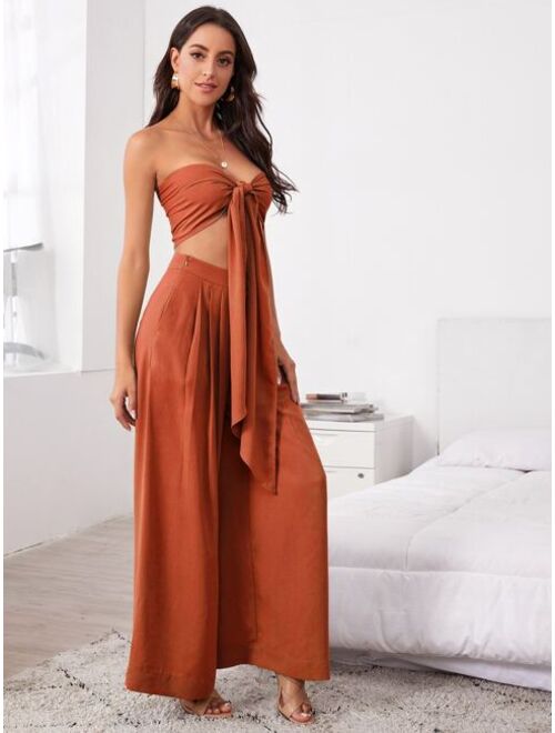 SHEIN Tie Front Tube Top & Pleated Wide Leg Pants Set