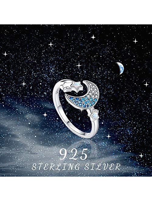 Moon Ring 925 Sterling Silver Star Crescent Moon Open Ring CZ Opal Adjustable Rings Crescent Jewelry Gifts for Women Girls