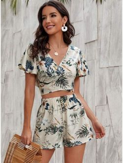 Floral And Tropical Print Crop Wrap Top With Shorts
