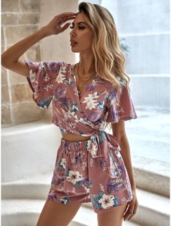 Floral And Tropical Print Crop Wrap Top With Shorts