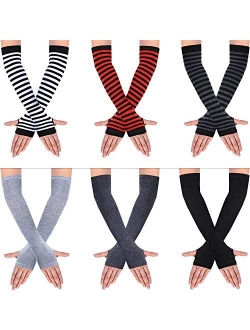 6 Pairs Women Long Fingerless Gloves Knit Arm Warmer Thumb Hole Stretchy Gloves