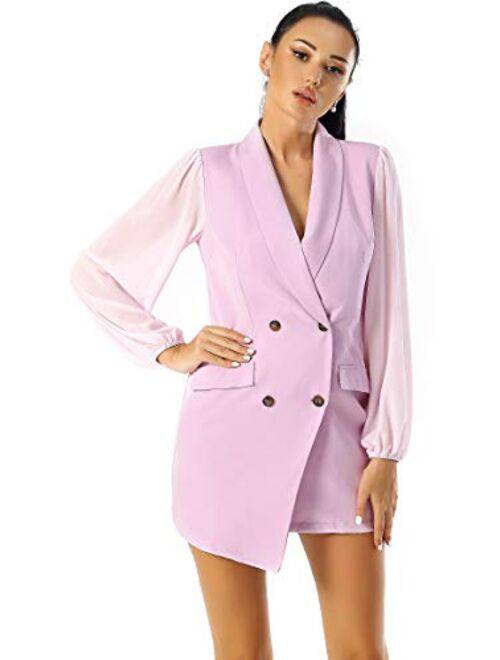 UNIQUE 21 Women Asymmetric Blazer Dress - Ladies Elegant Collar Mesh Long Sleeve Blazer Dresses