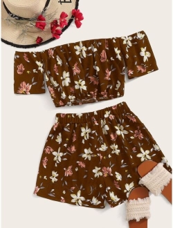 Floral Off-the-Shoulder Crop Top & Shorts Set