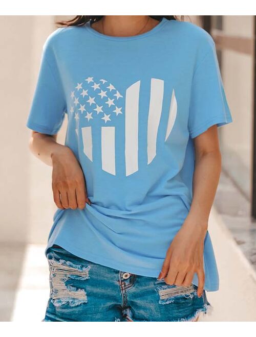 Zesica Sky Blue & White Stars & Stripes Heart Crewneck Tee - Women