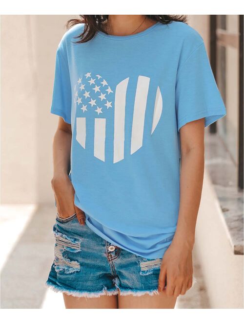 Zesica Sky Blue & White Stars & Stripes Heart Crewneck Tee - Women