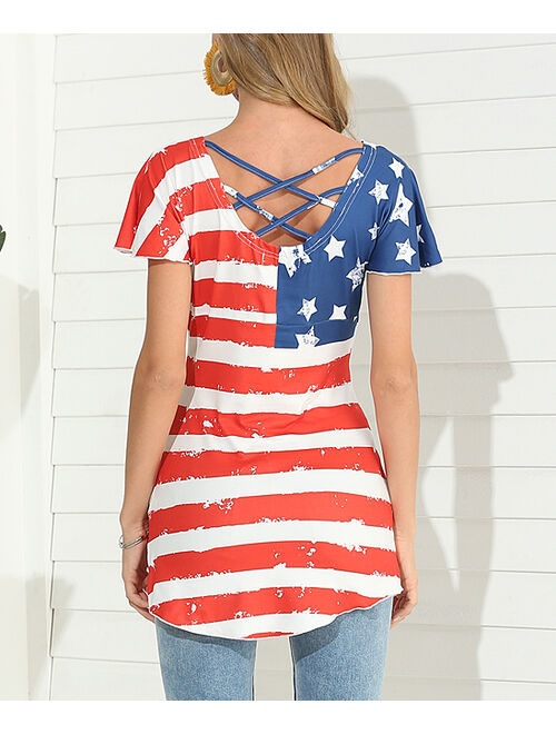 Romantichut Red & White US Flag Flutter-Sleeve Top - Women