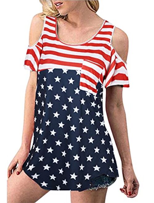 FLOYU American Flag T-Shirt for Women Tunic Tops Blouse Cold Shoulder Patriotic Summer Shirt with Pocket