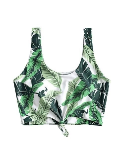 Women's Scoop Neck Tropical Leaf Knotted Two Pieces Tankini Set Swimsuit