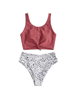 Women's Scoop Neck Tropical Leaf Knotted Two Pieces Tankini Set Swimsuit