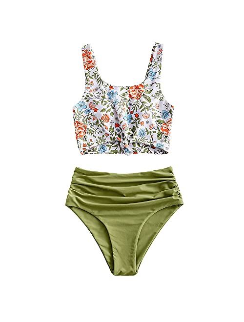 ZAFUL Women's Scoop Neck Tropical Leaf Knotted Two Pieces Tankini Set Swimsuit