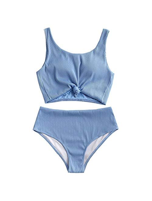 ZAFUL Women's Scoop Neck Tropical Leaf Knotted Two Pieces Tankini Set Swimsuit