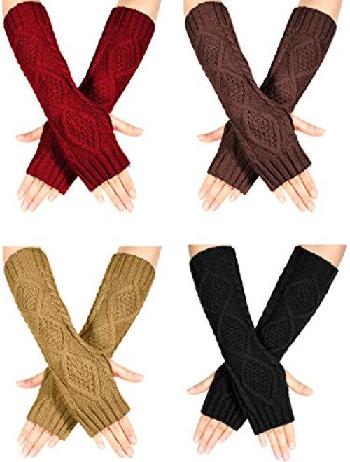 4 Pairs Winter Knit Warm Long Glove Thumbhole Fingerless Gloves Arm Warmers Glove for Women