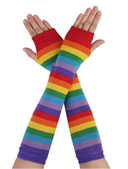 Women Winter Acrylic Rainbow Stripe Fingerless Thumbhole Elbow Length Long Knitted Gloves