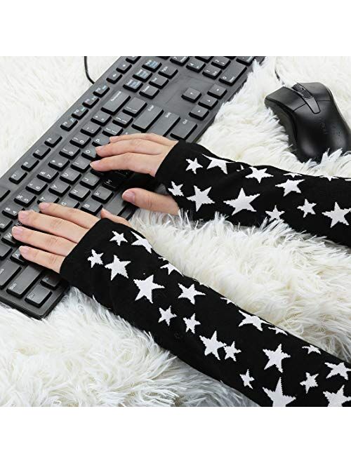 Allegra K Women Winter Acrylic Rainbow Stripe Fingerless Thumbhole Elbow Length Long Knitted Gloves