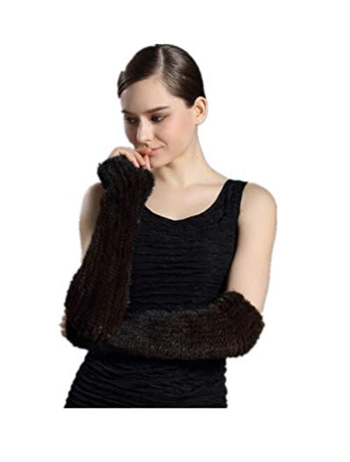 LVCOMEFF Women Knitted Mink Fur Arm Warmer Knitting Glove Mittens Fingerless