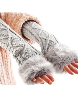 Women's Winter Stretch Faux Fur Knit Wool Arm Warmers Long Fingerless Gloves