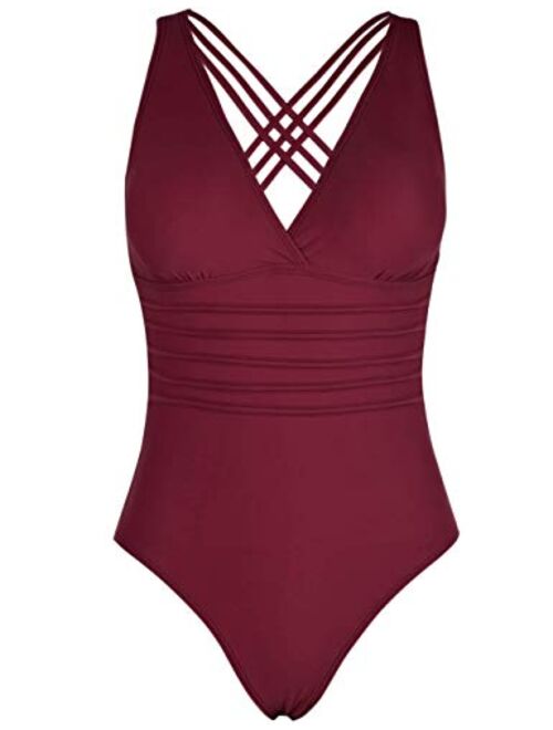 Hilor Women's One Piece Swimsuit Tummy Control Bathing Suits V Neck Swimwear Criss Cross Back Burgundy 10