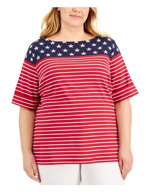 Karen Scott Plus Size Flag Cuff-Sleeve Top, Created for Macy's