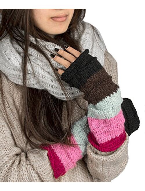 Warm Winter 100% Wool Fingerless Gloves Arm Warmers Hand Knit Crochet Pink Woman