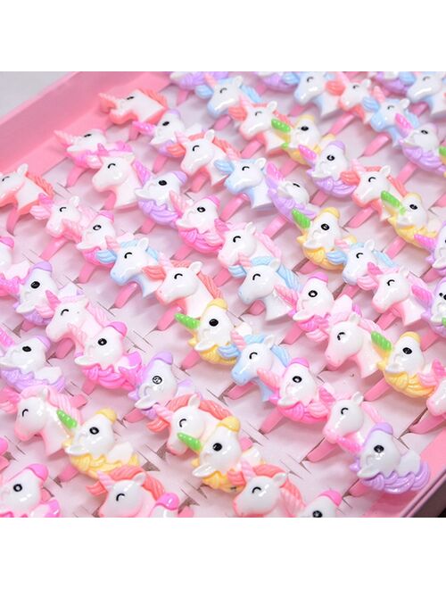 zheFanku 20pcs/Lot Lovely Animal Unicorn Horse Open Kids Rings For Children Girls Adjustable Acrylic Jewelry Birthday Gift