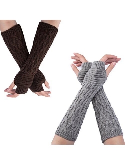 Flyou 2Pairs Womens Length Arm Warmer Gloves Fingerless Knit Gloves Mitten