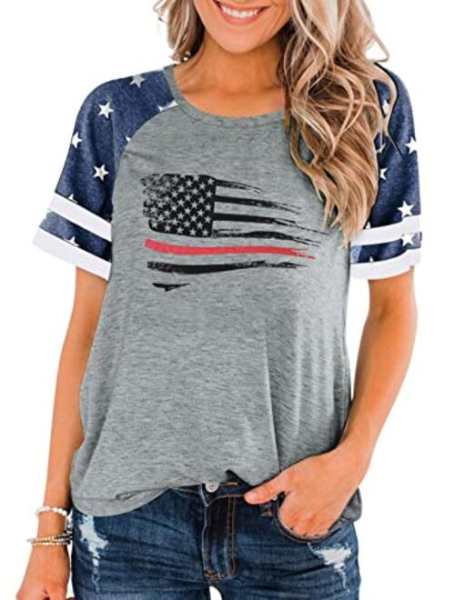 BANGELY American Flag T Shirt Women Stars Stripes 4th of July Shirt Raglan Short Sleeve Graphic Patriotic Top Tees